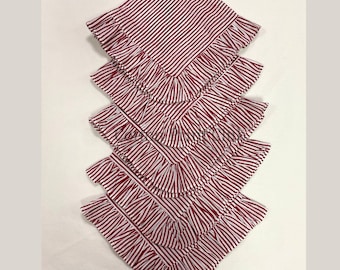 Red Stripe Ruffle Napkin Set 20x20 Hand Block Print Cotton Cloth Towel, Farmhouse Table Linen Escape Wedding Christmas Decor Grandmillennial