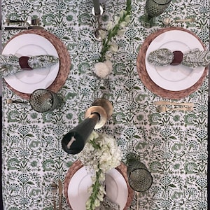 Cotton Indian Hand-Block Printed Tablecloth for Wedding Farmhouse Buffet Housewarming Restaurant Picnic Boho Home Decor Floral- Agate Green image 6
