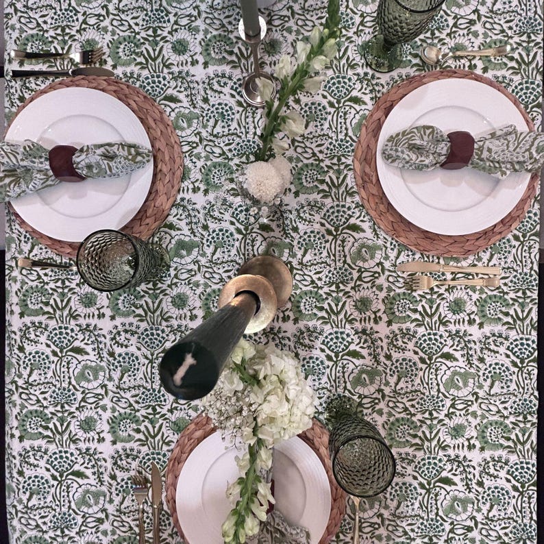 Cotton Indian Hand-Block Printed Tablecloth for Wedding Farmhouse Buffet Housewarming Restaurant Picnic Boho Home Decor Floral- Agate Green image 6