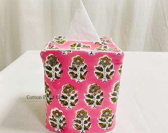 Funda de Caja de Pañuelos de Algodón Poppy Pink con Estampado a Mano, Manguito de Servilleta Reutilizable para Cocina, Baño, Oficina, Regalo
