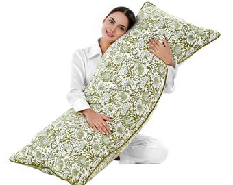 Agate Green Piped Body Pillow Cover 20x54, Hand Block Printed Long Lumbar Cushion, Cotton Boho Floral Pillowcase for Bed, Couch & Pregnancy
