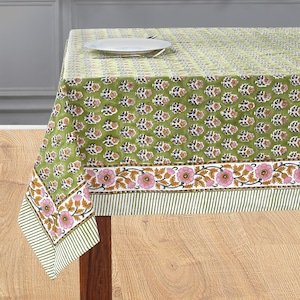 Cotton Indian Hand-Block Printed Tablecloth for Wedding Farmhouse Buffet Housewarming Restaurant Picnic Boho Home Decor Floral- Jade Green