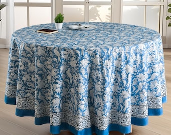 Blue Floral Round Cotton Tablecloth, Hand Block Printed Dining Table Cover, Boho Farmhouse Kitchen Decor, Country Table Linen