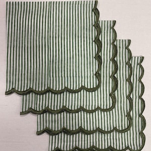 Green Stripe Embroidered Hand Block Printed Cotton Napkin Set of 4 – 18x18" Boho Reusable Farmhouse Table Linen Christmas Thanksgiving Decor
