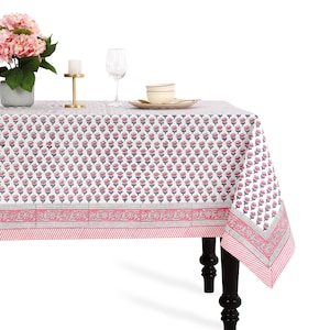 Pink Sapphire Hand Block Printed Cotton Tablecloth – Indian Floral Rectangle Table Cover for  Dining Table, Farmhouse & Boho Home Decor
