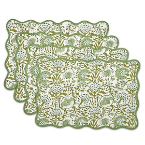 CPC Agate Green Scallop Reversible Placemats – Reusable Cotton Block Print Floral Table Mats with Piping for Dining, Wedding, Party Decor