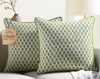 Indian Hand Block Printed Cotton Throw Pillow Cover for Farmhouse, Preppy, Boho, Home Décor, Floral, Decorative Couch Pillow- Emerald Green