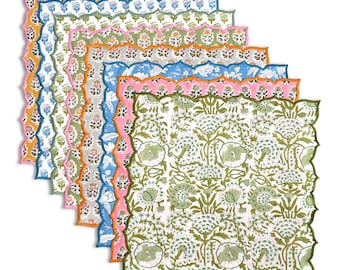 Pure Cotton Embroidered Scallop Napkins, Hand Block Print Boho Floral Linen Set of 4, 18x18" Reusable Multicolor Cloth for Wedding & Party