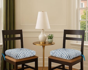 Cojín Floral Apatite Blue para Silla con Lazos Asiento Botánico de Algodón Estampado a Mano, Decoración Boho Cottagecore Estilo Granja para