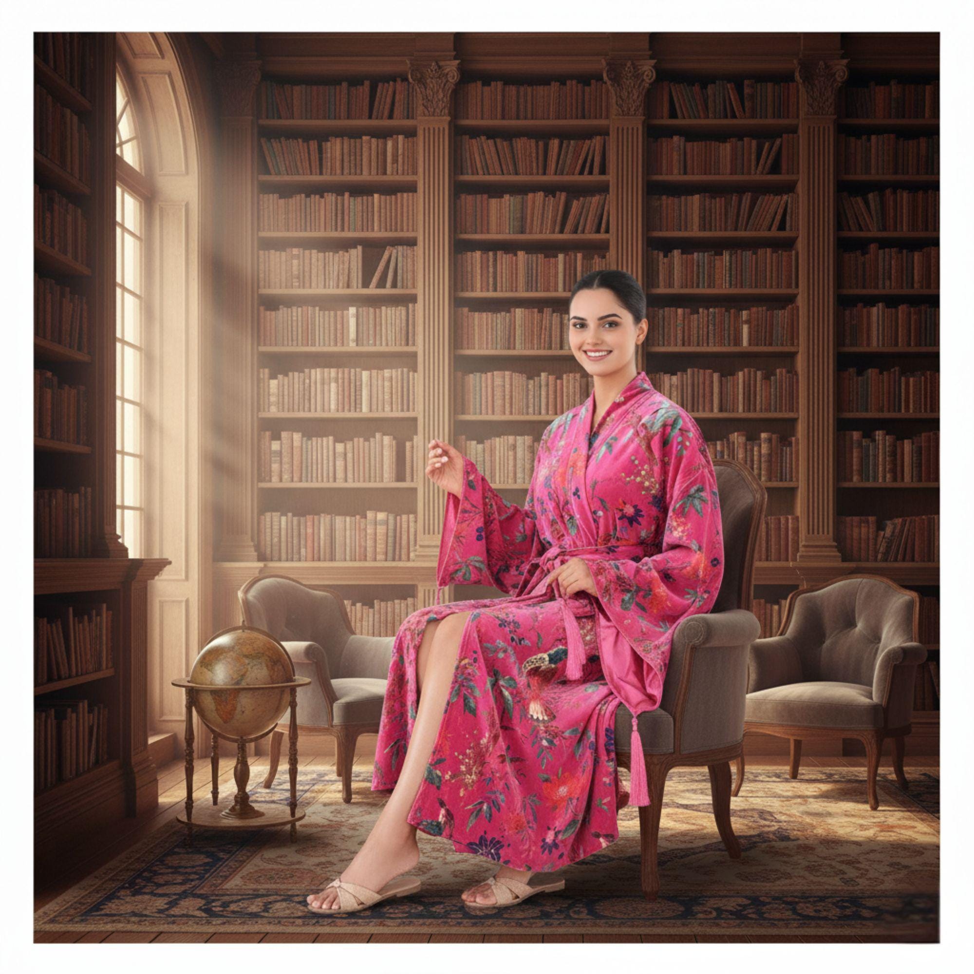 Ofmd Robe OFMD Pink Bird Velvet Kimono Robe, Handmade Cotton Velvet Banyan Wrap ...