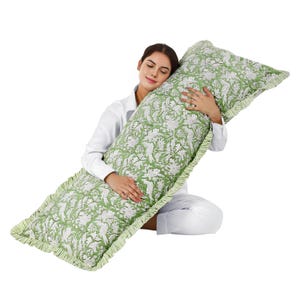 Olive Green Ruffle Body Pillow Cover 20x54&quot; – Boho Block Print Cushion Case for Bed, Couch, Maternity, Side Sleeper,  Home Decor