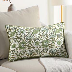 12x20&quot; Pillow Cover, Agate Green Indian Hand Block Print, Boho Cotton Cushion Case with Handmade Piping Trim & Zipper for Sofa or Bed