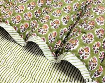 Jade Green Kantha Quilt Reversible Cotton, Hand Block Printed Floral Boho Bedspread, Indian Throw Blanket, King Queen Coverlet & Comforter