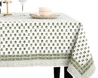 Lotus Meadow Handblock Bedruckte Baumwoll-Tischdecke, Boho Blumen Indische Rechteckige Tischdecke für Esstisch, Küche, Landhaus & Wohnkultur