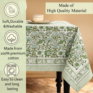 Cotton Indian Hand-Block Printed Tablecloth for Wedding Farmhouse Buffet Housewarming Restaurant Picnic Boho Home Decor Floral- Agate Green image 12