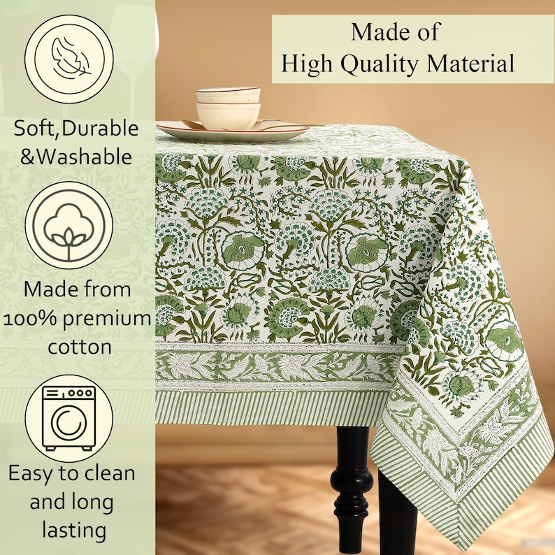 Cotton Indian Hand-Block Printed Tablecloth for Wedding Farmhouse Buffet Housewarming Restaurant Picnic Boho Home Decor Floral- Agate Green image 12