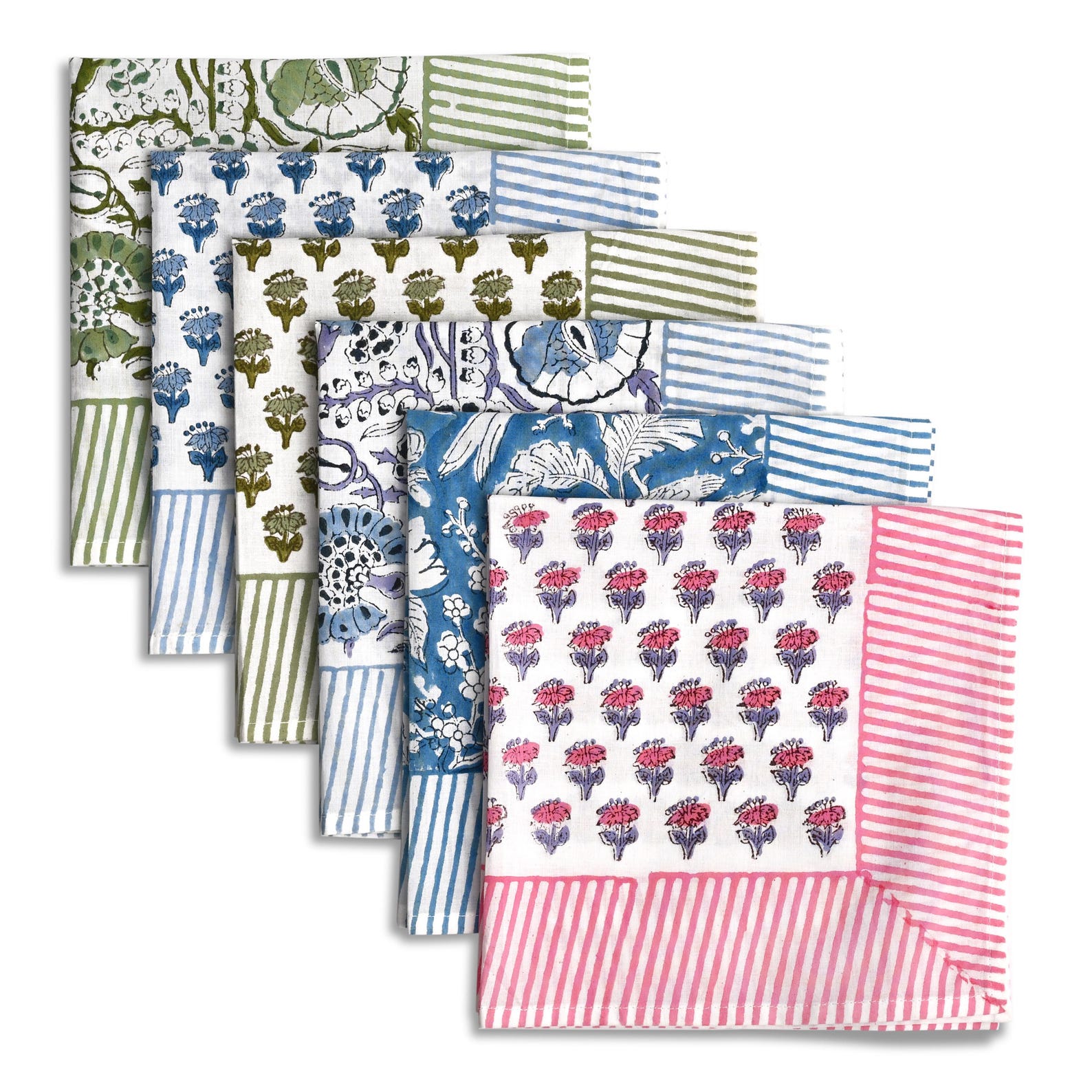 Multi-Color Indian Block Print Stripe Border Napkins, Floral Cotton 18x18 Dining Table Linen for Daily Use, Farmhouse Wedding & Party Decor - Set of 6