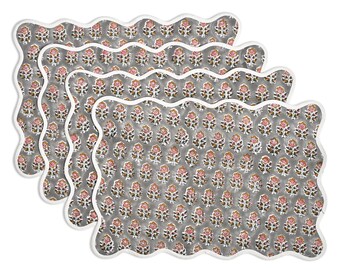 Set da 4 Tovagliette Labra Grigio Stampa a Blocco, Reversibili in Cotone Floreale Boho, Bordo Ondulato, Decorazione Tavola Matrimonio Festa