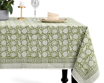 Olive Bloom Floral Tablecloth, Indian Block Print Cotton Cover, Rectangle Table Linen for Dining, Wedding, Party, Event & Farmhouse Decor