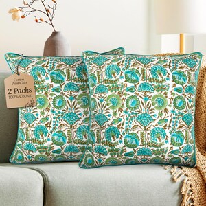 CPC Indian Hand Block Printed Cotton Throw Pillow Cover for Farmhouse, Preppy, Boho, Home Décor, Floral, Decorative Couch Pillow- Aqua Green
