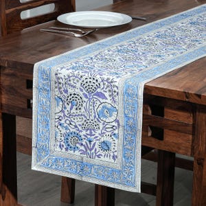 Indigo Blue Hand Block Printed Cotton Table Runner: Floral Kitchen, Dining & Thanksgiving Decor image 3
