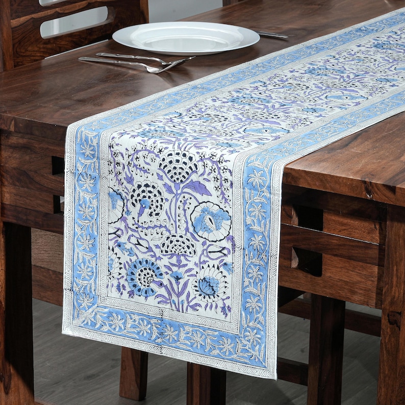 Indigo Blue Hand Block Printed Cotton Table Runner: Floral Kitchen, Dining & Thanksgiving Decor image 3