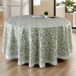 Agate Green Round Cotton Tablecloth, Handmade Indian Block Print Table Cover, Boho Floral Dining Linen, Country Kitchen, Housewarming Gift
