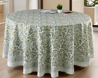 Agate Groene Ronde Katoenen Tafelkleed, Handgemaakt Indiaas Blockprint Tafellaken Boho Bloemen Eettafellinnen Landelijke Keuken Housewarming