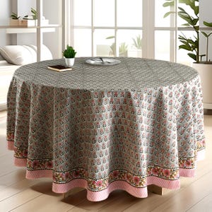 Mantel Redondo de Algodón Gris Labra, Cubremesa Artesanal con Estampado Block Indio, Ropa de Mesa Boho Floral Lavable, Decoración Estilo