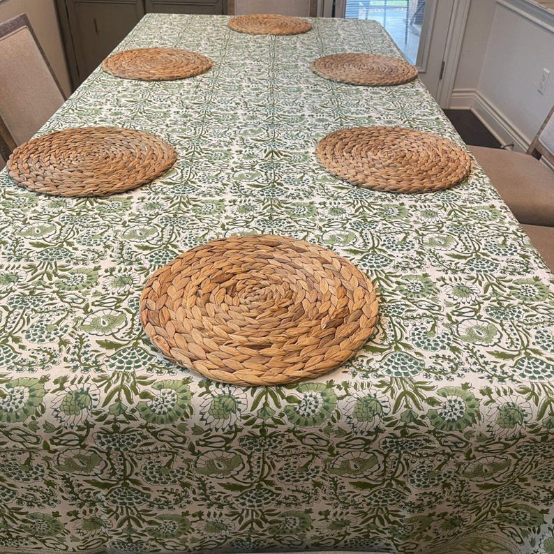 Cotton Indian Hand-Block Printed Tablecloth for Wedding Farmhouse Buffet Housewarming Restaurant Picnic Boho Home Decor Floral- Agate Green image 4