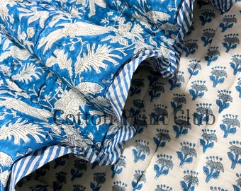 Blue Sapphire Floral Kantha Quilt Reversible Cotton Comforter, Hand Block Print Indian Bedding, Boho Farmhouse King Queen Coverlet Bedspread