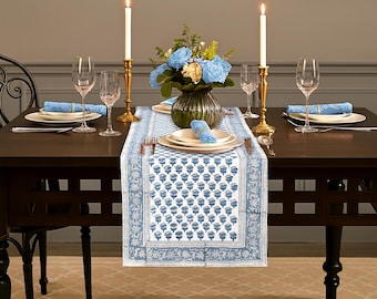 Apatite Blue Hand Block Printed Cotton Table Runner | Reversible Washable Indian Boho Decor for Dining, Bookshelf Garden Patio