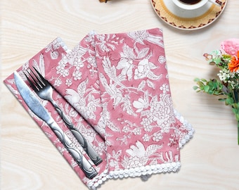 Flamingo Pink Indian Block Print Pom-Pom Napkins, Floral Cotton Dinning Table Daily Use Napkins, Farmhouse Wedding Party Napkins 18x18 In