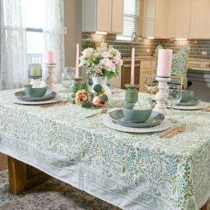 Cotton Indian Hand-Block Printed Tablecloth for Wedding Farmhouse Buffet Housewarming Restaurant Picnic Boho Home Decor Floral- Agate Green image 1