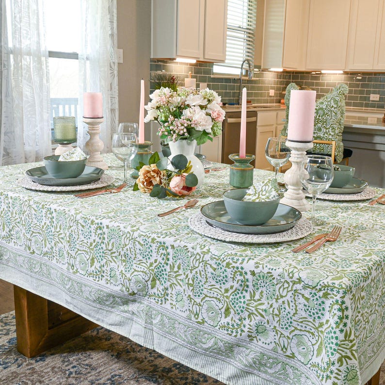 Cotton Indian Hand-Block Printed Tablecloth for Wedding Farmhouse Buffet Housewarming Restaurant Picnic Boho Home Decor Floral- Agate Green image 1