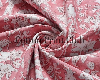 Coral Pink Hand Block Printed Cotton Fabric by the Yard, Handmade Indian Floral Print for Dress, Curtain, Pillow Cover, Farmhouse Decor