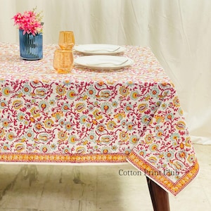 Mantel estampado a mano en color oro azafrán, cubierta floral india para mesa de comedor, sobre mantel rectangular de algodón, decoración