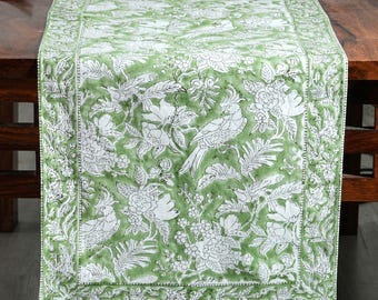 Olive Green Cotton Hand Block Printed Table Runner, Boho Chic Dining Accent, Farmhouse Style for Weddings, Housewarmings Thanksgiv