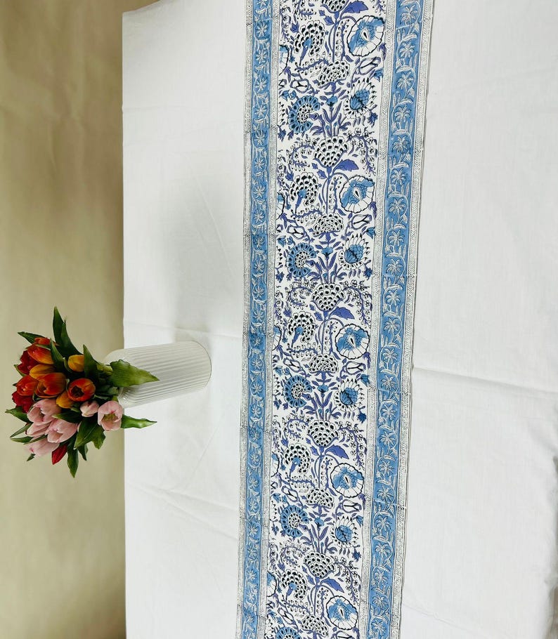 Indigo Blue Hand Block Printed Cotton Table Runner: Floral Kitchen, Dining & Thanksgiving Decor image 7