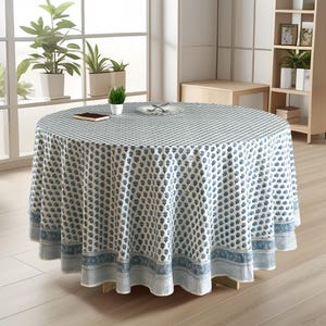 CPC Round Tablecloth- Cotton Indian Block Print Handmade Washable Table Cloth - Spring, Easter Gift Table Cover- Apatite Blue