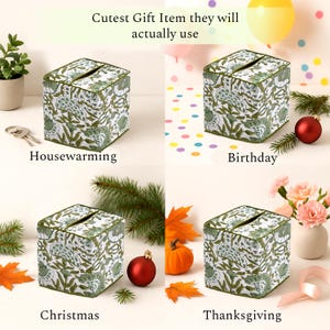 Agate Green floral hand block print cotton tissue box cover shown as a gift idea for housewarming, birthday, Christmas, and Thanksgiving. Boho decor accent, reusable and eco-friendly, perfect for home, spa, or office. Cute and practical gift they will actually use.