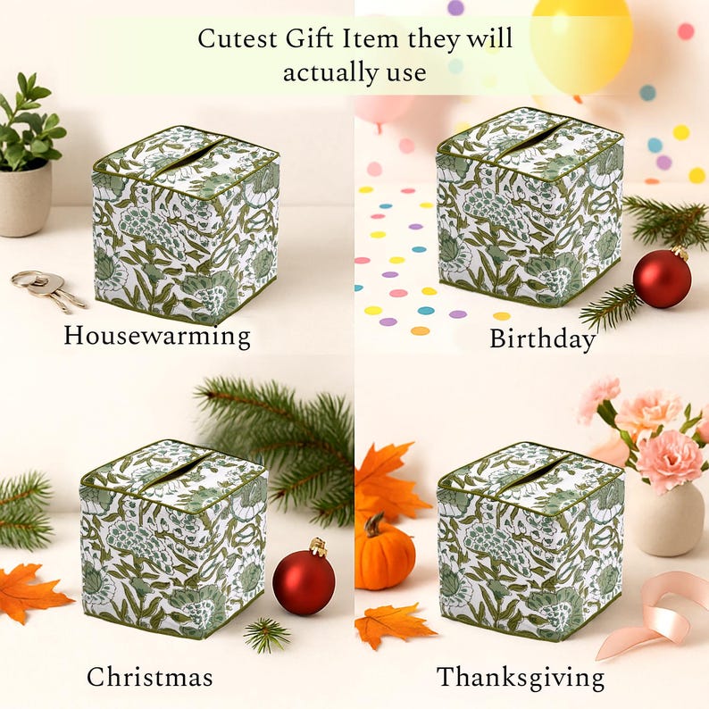 Agate Green floral hand block print cotton tissue box cover shown as a gift idea for housewarming, birthday, Christmas, and Thanksgiving. Boho decor accent, reusable and eco-friendly, perfect for home, spa, or office. Cute and practical gift they will actually use.