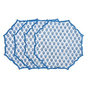 CPC Apatite Blue Scalloped Placemat Set of 4, Cotton Hand Block Flower Table Mat for Easter Dining Party Wedding Gifts Home Decor-15 Inch