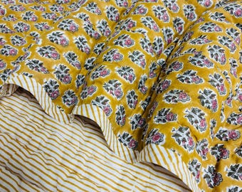 Citrine Yellow Kantha Quilt, Hand Block Printed Reversible Cotton Bedspread, Boho Floral Indian Throw Blanket, Handmade King Queen Coverlet
