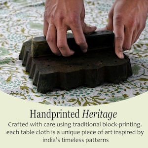 Cotton Indian Hand-Block Printed Tablecloth for Wedding Farmhouse Buffet Housewarming Restaurant Picnic Boho Home Decor Floral- Agate Green image 5