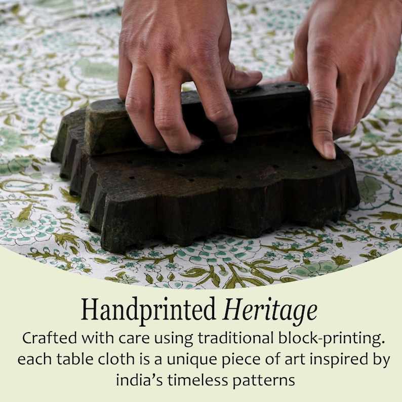 Cotton Indian Hand-Block Printed Tablecloth for Wedding Farmhouse Buffet Housewarming Restaurant Picnic Boho Home Decor Floral- Agate Green image 5