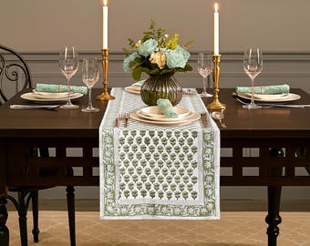 Table Runner, CPC-Emerald Green-Cotton Indian Hand Block Printed  Table Runner for Gifts & Decor,Housewarming Wedding Party Home and Living