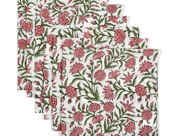 Red Garnet Hand Block Print Cotton Dinner Napkin Set, 18x18 Boho Floral Table Linen, Farmhouse Kitchen Decor, Wedding & Party Dining Cloth