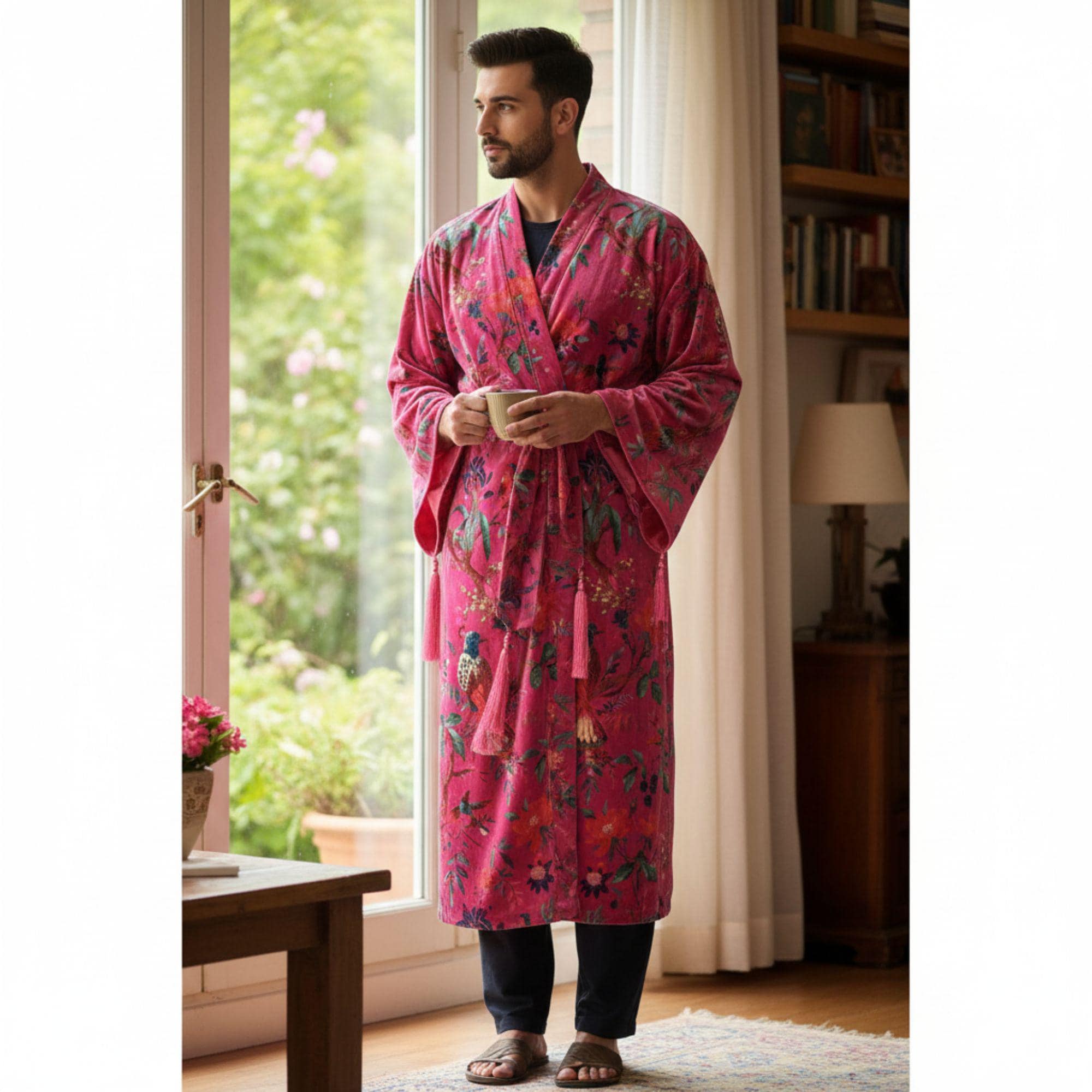 Ofmd Robe OFMD Pink Bird Velvet Kimono Robe, Handmade Cotton Velvet Banyan Wrap ...