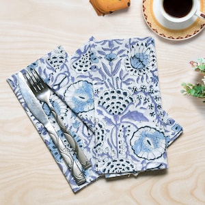 Indigo Blue Hand Block Print Cotton Napkin Set, 18x18 Boho Floral Table Linen, Farmhouse Kitchen Decor, Wedding & Party Dining Cloth